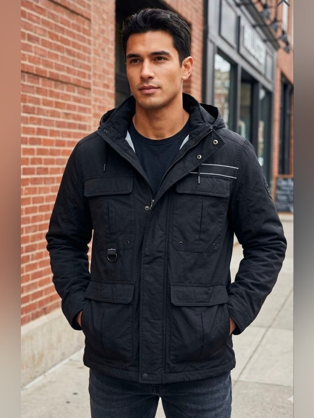 Hollister Men's Hooded Utility Field Jacket Black Size Large Excellent
